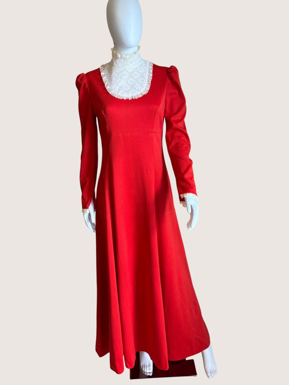 Vintage Red Long Sleeve Maxi Dress Lace Collar